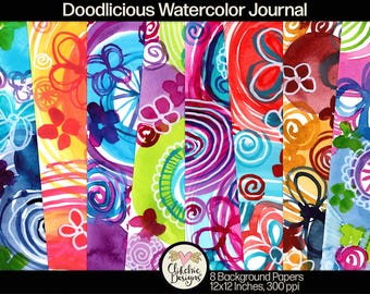 Watercolor Doodles Digital Paper Pack: Art Journal Backgrounds (12x12in JPG Digital Download)
