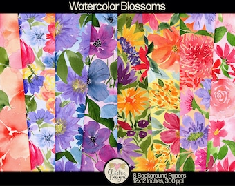 Watercolor Floral Paper Pack: Digital Scrapbook Backgrounds (Digital Download)