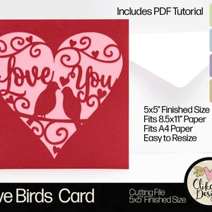 I Love You Birds Card SVG-bestand snijden, 5" vierkante kaart gesneden verjaardagskaart, dxf-kaart, eps, handgemaakte hartverjaardagskaart en pdf-zelfstudie