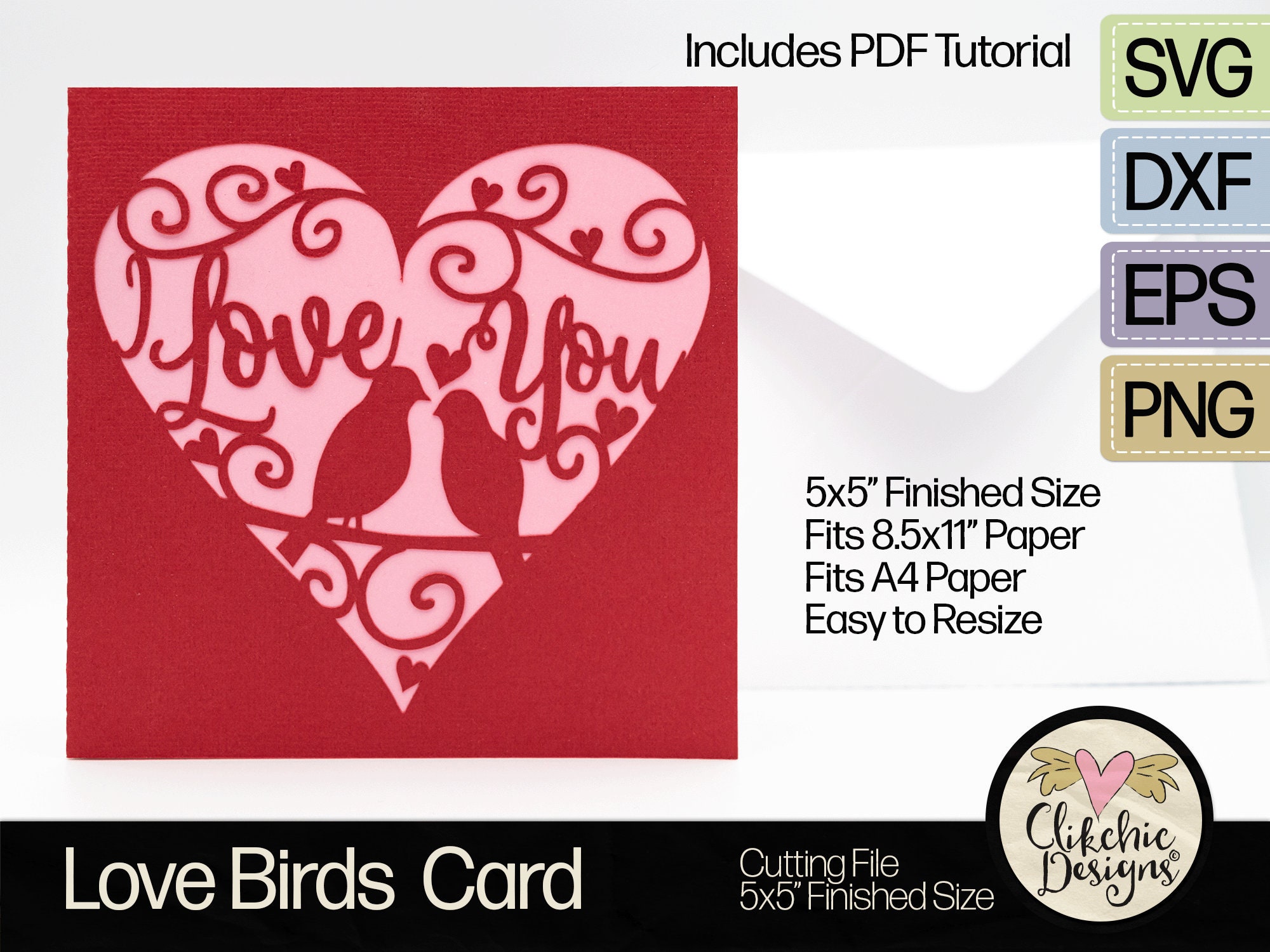 I Love You Birds Card SVG Cutting File, 5" Square Anniversary Card Cut File, Dxf Card, EPS, Handmade Heart Anniversary Card & Pdf Tutorial