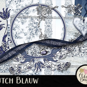 Kit de álbum de recortes digital con imágenes prediseñadas: Dutch Blue Blauw - Kit de álbum de recortes digital con temática azul de Delft: descarga instantánea