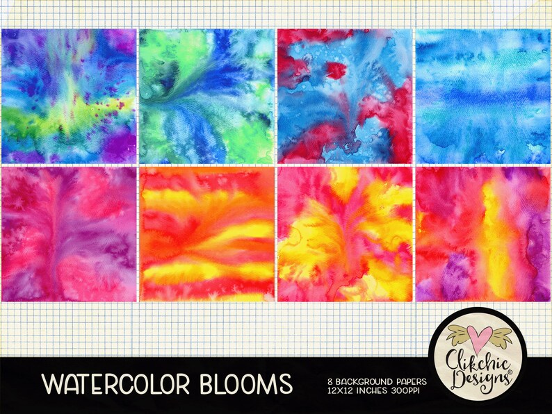 Watercolor Digital Paper Pack Watercolor Rainbow Blooms Digital Scrapbook Paper, Background Textures, Scrapbooking Paper Pack image 2