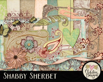 Spring Digital Scrapbook Kit Clip Art - Shabby Sherbet Digital Papers & Embellishments, Spring Floral Themed