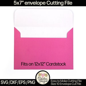 May include: A pink 5x7 inch envelope cutting file for use with a 12x12 inch cardstock. The file is available in SVG, DXF, EPS, and PNG formats.  Easy to make cutting file. Size 10 envelope cut file.