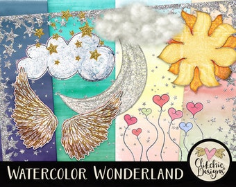 Fantasy Digital Scrapbook Kit Clipart - Watercolor Wonderland Digital Kit - Fantasy Themed Digital Scrapbook Paper & Elements
