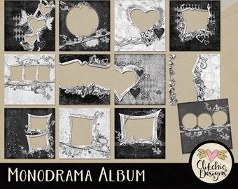 Black & White Digital Scrapbook Album - Monodrama Digital Quick Page Album - 12 Black and White Layout Quick Pages, Pre-made Digital Album