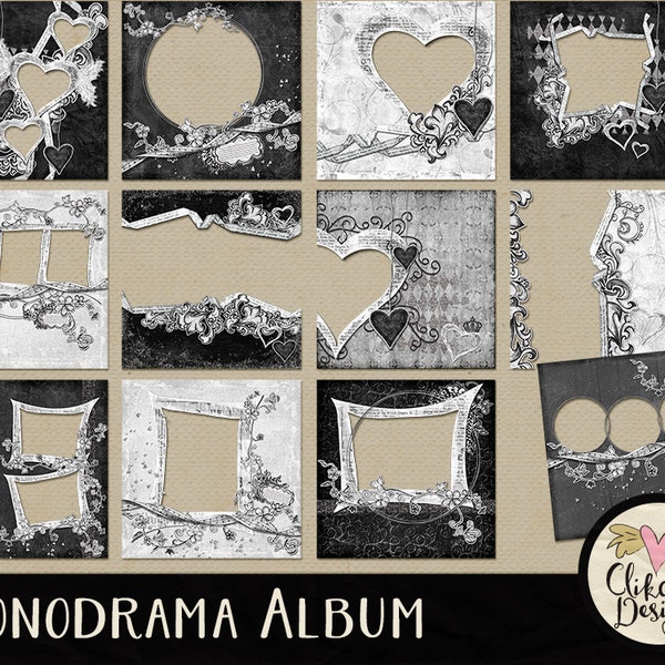 Black & White Digital Scrapbook Album - Monodrama Digital Quick Page Album - 12 Black and White Layout Quick Pages, Pre-made Digital Album