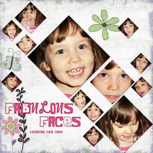 May include: A collage of photos of a young girl's face, with the text "Fab'n'Lous Faces" and "Jasmine Jan 2006" in pink and white lettering. The collage is decorated with a butterfly and a flower.