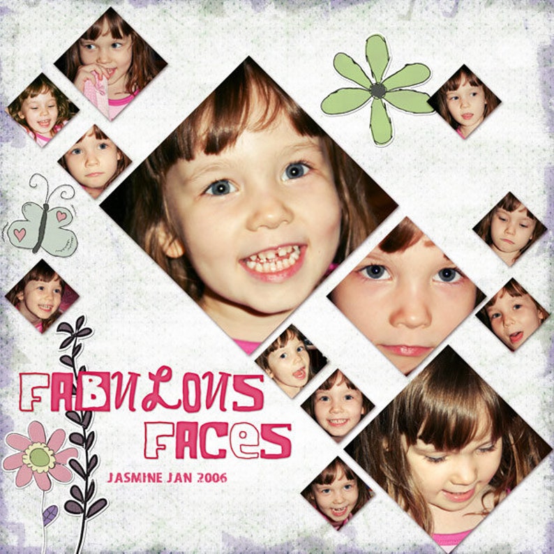 May include: A collage of photos of a young girl's face, with the text "Fab'n'Lous Faces" and "Jasmine Jan 2006" in pink and white lettering. The collage is decorated with a butterfly and a flower.
