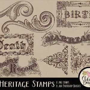 Vintage Clipart Photoshop Brushes, Vintage Digital Embellishments - Digital Scrapbook Clip Art -  & Heritage Photoshop Brushes Overlays