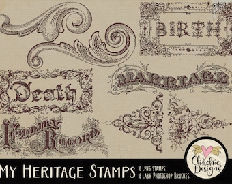 Vintage Heritage Photoshop Brushes: Digital Scrapbook Stamps (PNG, ABR)