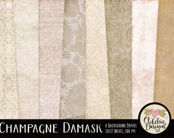 Champagne Damask Digital Paper Pack: Shabby Chic Wedding Backgrounds (Digital Download)