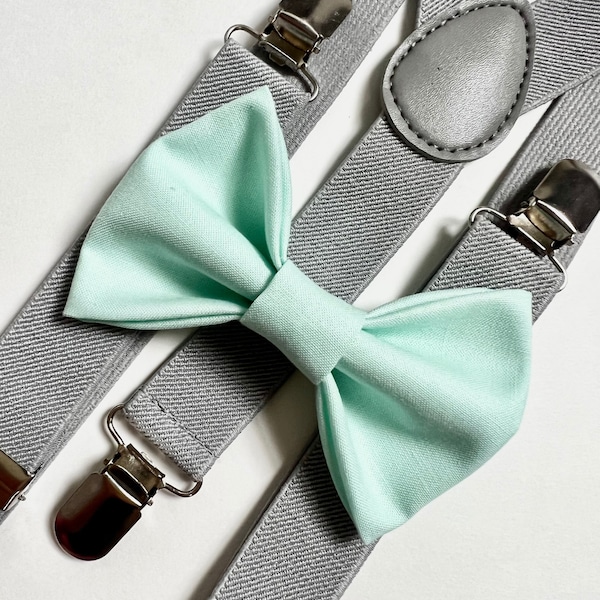 Bretelles gris clair et nœud papillon menthe, nœud papillon, bretelles, cadeau groomsmen, bretelles pour tout-petits et nœud papillon, bretelles pour tout-petits, nœuds papillon