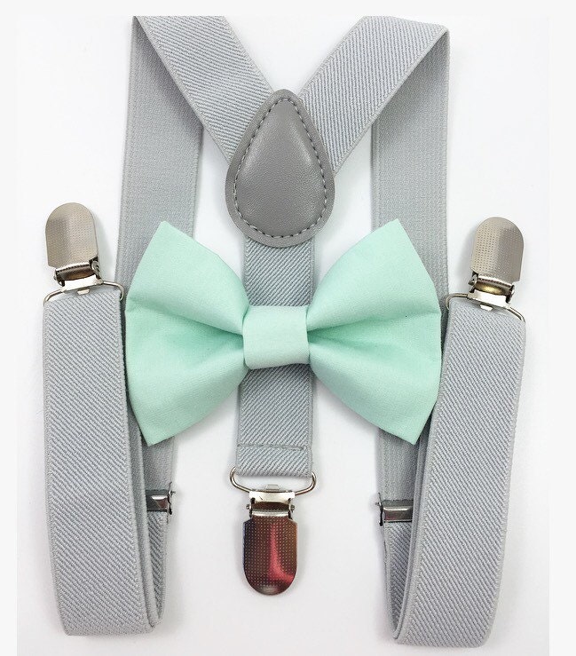 Light gray suspenders and Mint Bow tie, bow tie, suspenders, groomsme…