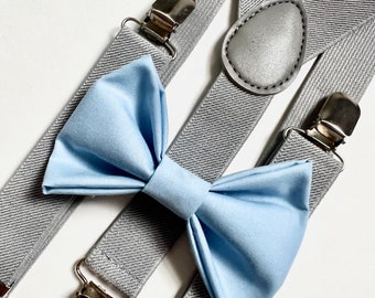 Light gray suspenders and Light blue bow tie, bow tie, suspenders, groomsmen gift, toddler suspenders and bow tie, toddler suspenders,