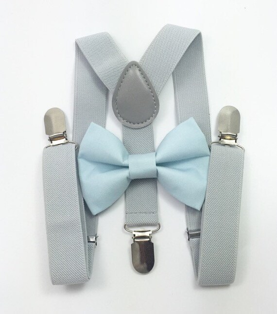 light blue suspenders and bow tie