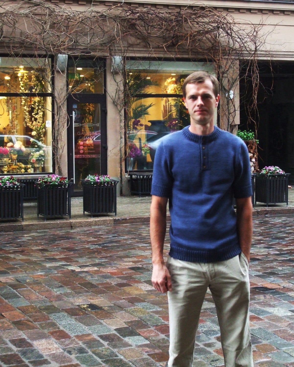 Men's Short Sleeve Button Neck Sweater 