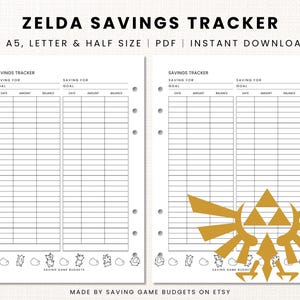 Rastreador de ahorros de LA LEYENDA DE ZELDA, planificador de finanzas personales, planificador de presupuesto kawaii, lindo PDF imprimible, tamaño carta A4 A5, descarga digital