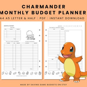 Planificador de presupuesto mensual lindo de POKEMON Charmander, tamaño carta A4 imprimible, planificador financiero en PDF, seguimiento de gastos semanales, descarga digital, kawaii