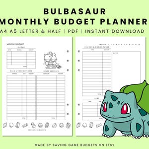 Può includere: Un pianificatore di budget mensile Bulbasaur stampabile con sfondo verde. Il pianificatore include sezioni per entrate, spese, risparmi e debiti. Il testo "Bulbasaur Monthly Budget Planner" è in alto. Disponibile in A4, A5 e Letter.