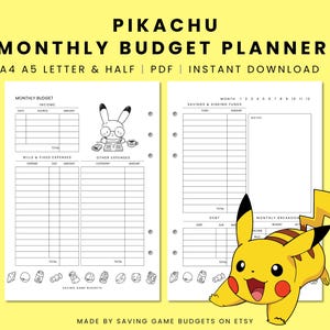 Planificador de presupuesto mensual lindo de POKEMON Pikachu, tamaño carta A4 imprimible, planificador financiero en PDF, seguimiento de gastos semanales, descarga digital, kawaii