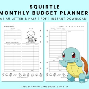 Planificador de presupuesto mensual lindo de POKEMON Squirtle, tamaño carta A4 imprimible, planificador financiero en PDF, seguimiento de gastos semanales, descarga digital, kawaii