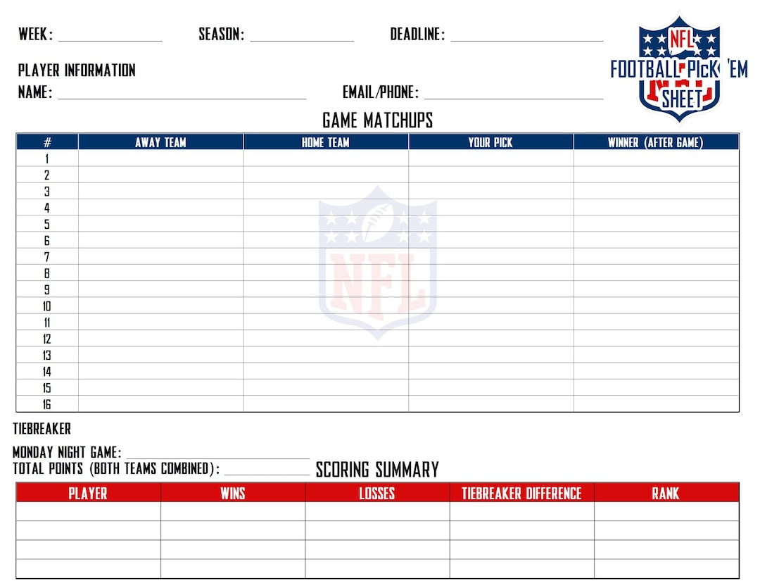 Printable NFL Pick Em Sheets PDF | Football Game Pool Picks Template - Etsy