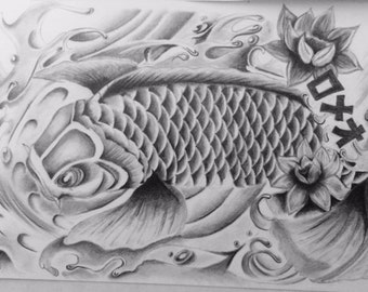 Koi fish graphite pencil drawing print 11" x 14 "