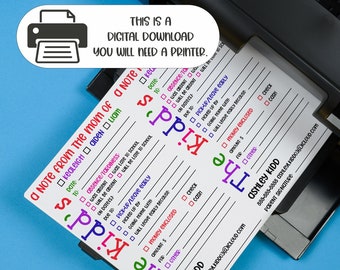 May include: A printable note from the mom of a child, with a colorful "The Kidd's" title, and sections for date, to, absence/tardiness, pick-up/leave early, money enclosed, and parent signature. The note is printed on white paper and is being fed into a printer.