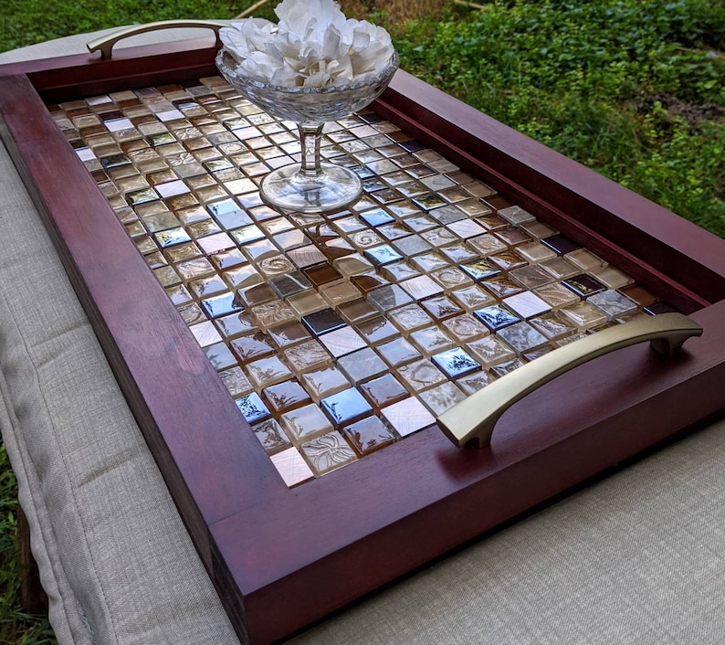 Handmade 27x15 Cherry Wood Finish Wood Serving Tray Gold Finished Handles Ottoman Tray Free Shipping Brown and Gold Mosaic Tile