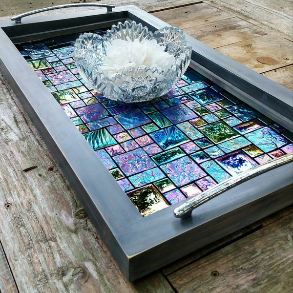 Ottoman Tray.  Serving Tray. Gray Wood. Iridescent Purple Mosaic Glass Tile .  27"x15". Brushed Silver Handles. Free Shipping. Handmade.