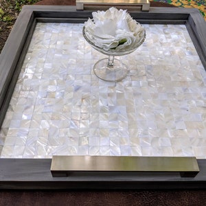 Ottoman Serving Tray. Coffee Table Tray. Free Shipping. Grey Wood Frame. White Mother of Pearl Mosaic Tile. Steel Handles. 22"x22". Handmade