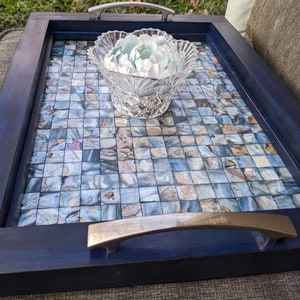 Ottoman Tray. Light Blue Grey Mother of Pearl Mosaic Tile. Dark Blue Wood Frame. Brushed Nickel Handles. 20"x15". Free Shipping. Handmade