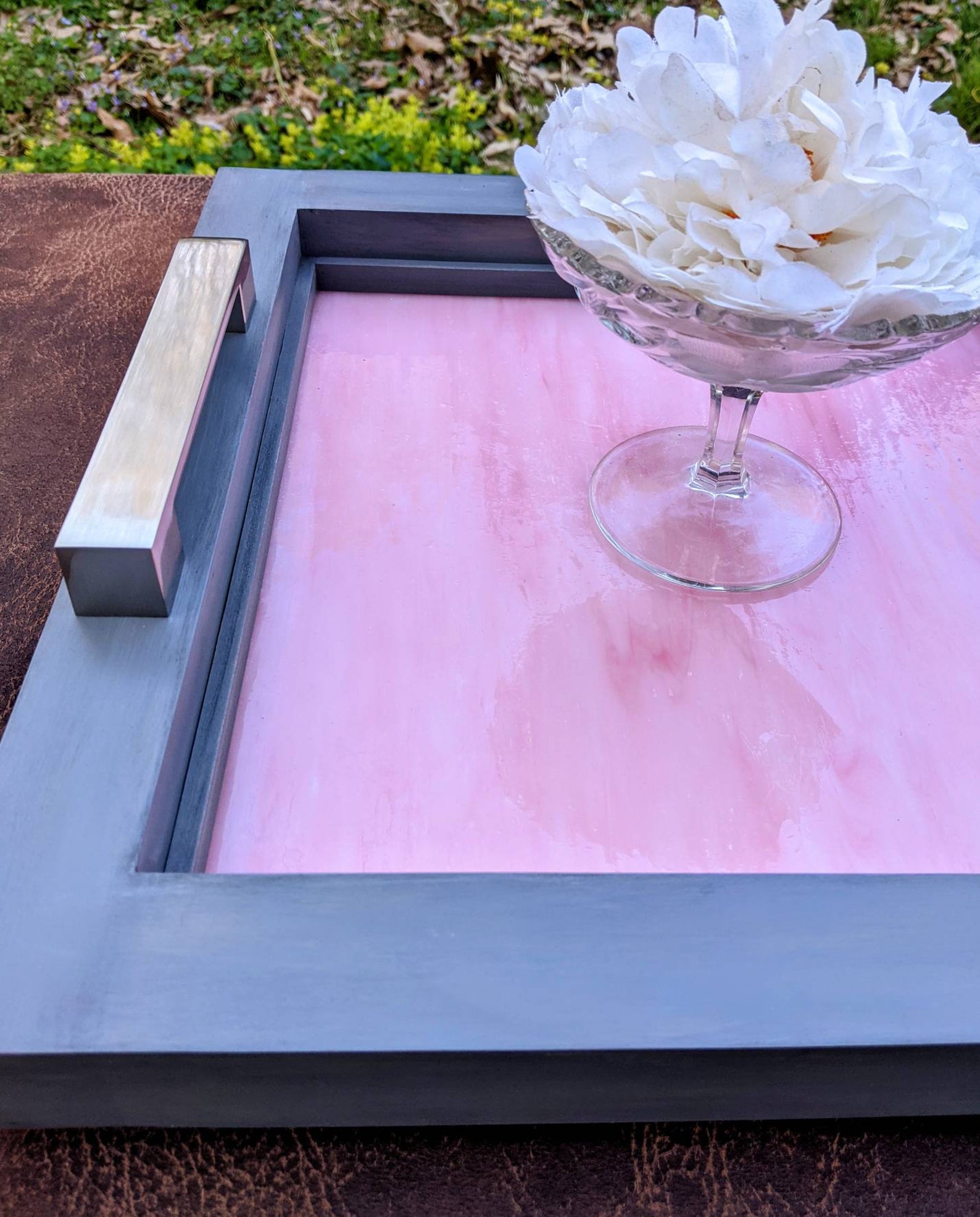 Pink Serving Tray. Ottoman Tray. Vanity Tray. Gray Wood. Pink Etsy