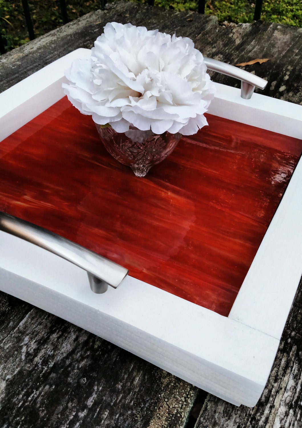 Serving Tray-wood-red Art Glass-brushed Nickel Handles-white Finish-15 ...