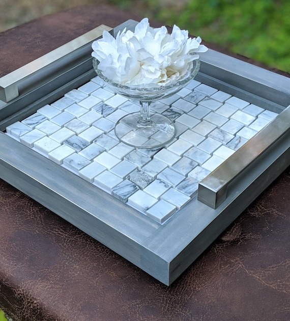 Ottoman Tray. Gray Wood. Gray and White Marble Mosaic. Brushed