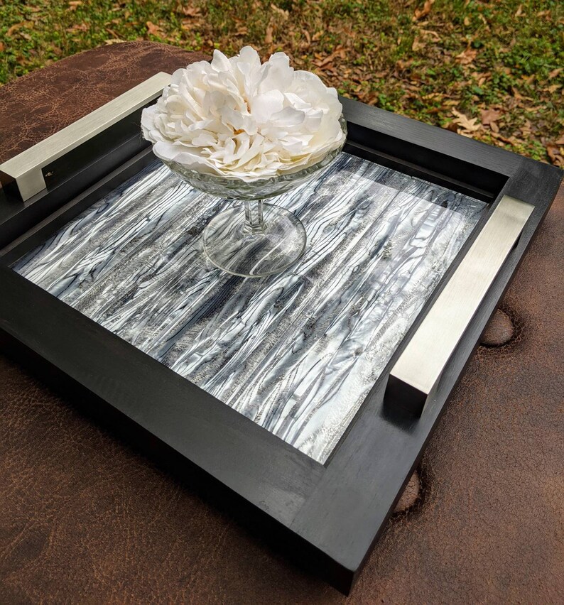 Serving Trayottomancenterpieceblack Wood Framegray Glass Etsy