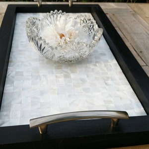 Ottoman Tray. Serving Tray. Coffee Table Centerpiece. Black Wood Frame. White Mother of Pearl Mosaic Tile. Free Shipping. Handmade. 27 x 15