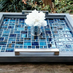 Ottoman Tray. Serving. Table Centerpiece. Gray  Wood. Blue Glass Mosaic Tile. Brushed Silver Handles. Free Shipping. Handmade. 28" Square