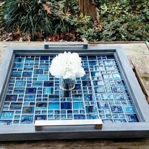 Ottoman Serving Tray. Gray Finish. Blue Glass Mosaic Tile. Brushed Silver Handles. 24" Square. Free Shipping. Handmade. Table Centerpiece.