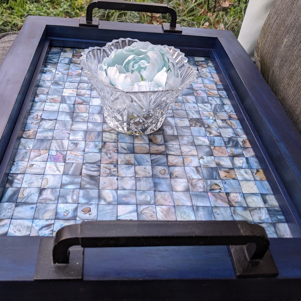 Ottoman Tray. Light Blue Grey Mother of Pearl Mosaic Tile. Dark Blue Wood Frame. Black Metal Handles. 20"x15". Free Shipping. Handmade