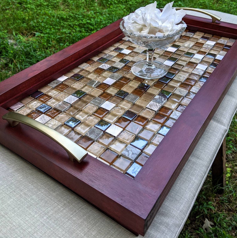 Handmade 27x15 Cherry Wood Finish Wood Serving Tray Gold Finished Handles Ottoman Tray Free Shipping Brown and Gold Mosaic Tile