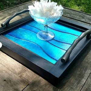 Custom Ottoman Tray. Light Gray Wood. Blue wave Mosaic Glass Tile .  27"x15". Brushed Silver Handles. Free Shipping.