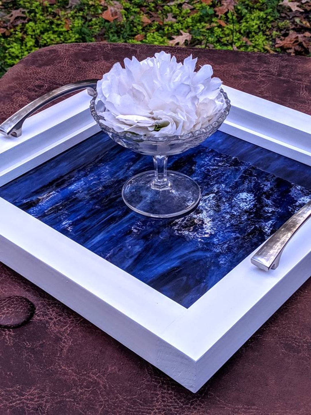 Decorative Ottoman Table Tray. White Wood. Dark Blue Glass Tile. Coffee