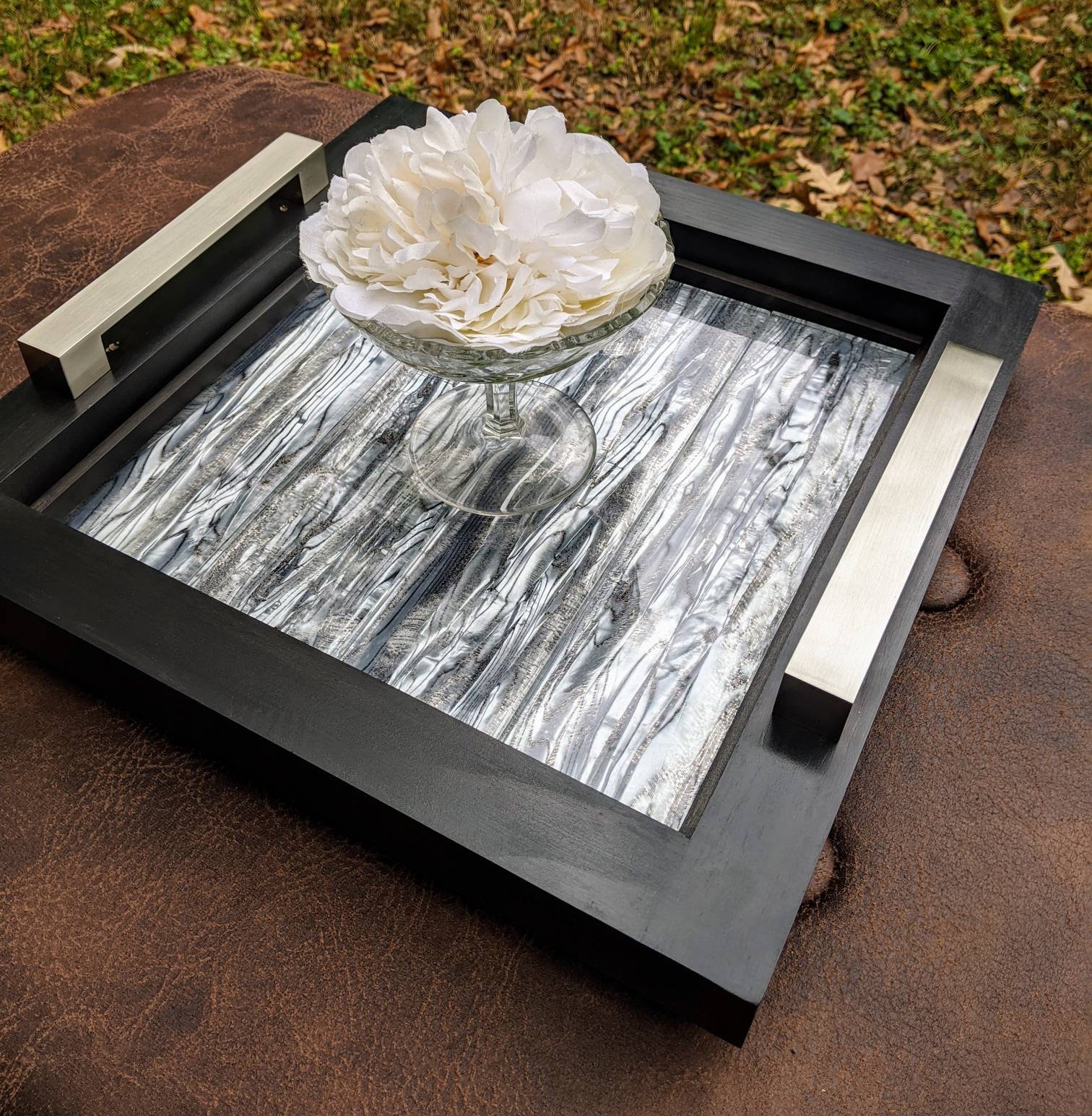 Serving Trayottomancenterpieceblack Wood Framegray Glass Etsy