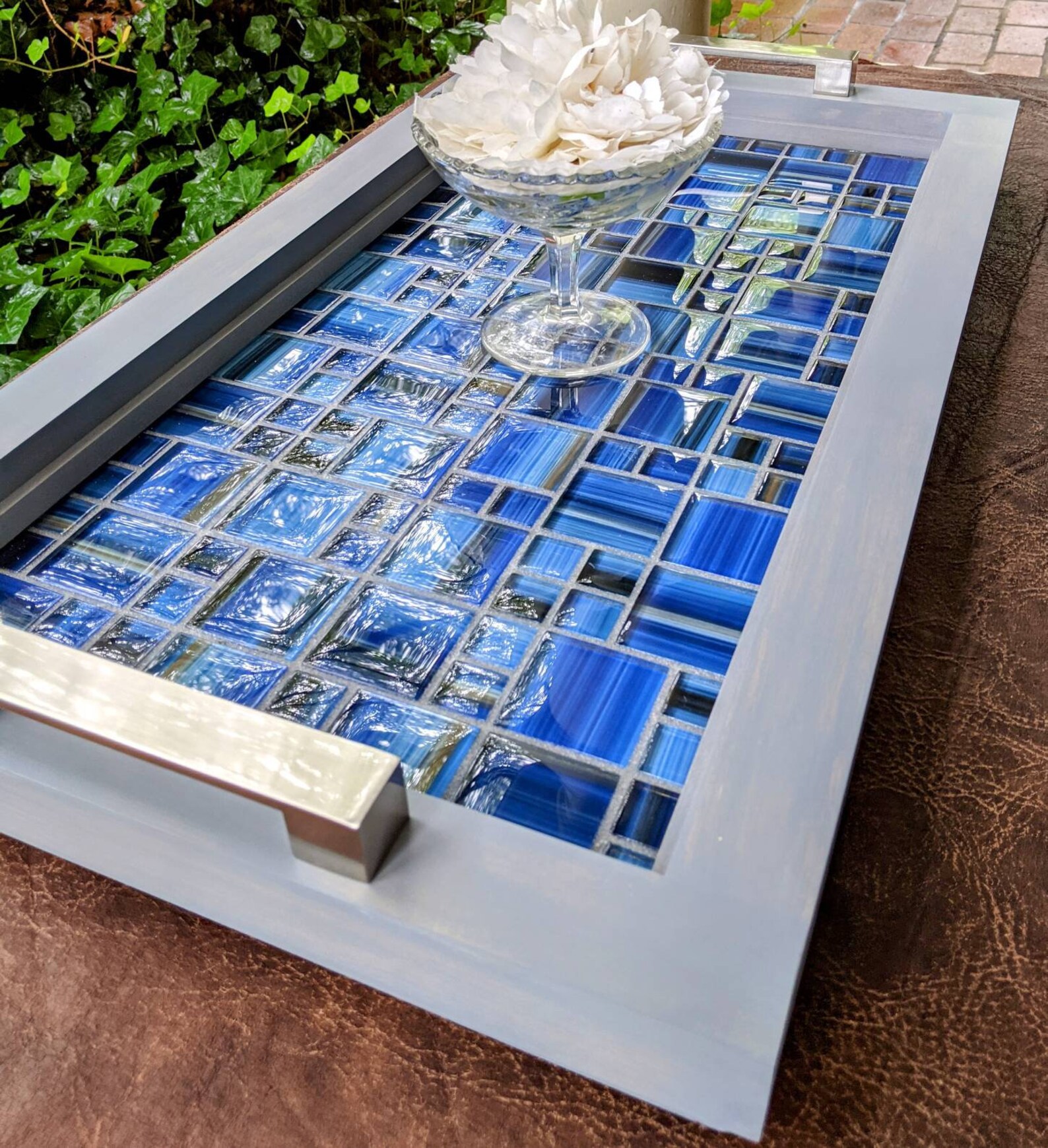 Serving Trayottomantable Centerpiecedark Blue Mosaic Glass Etsy