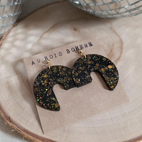 Asymmetrical black and gold earrings | resin | gold | women's gift | glitter