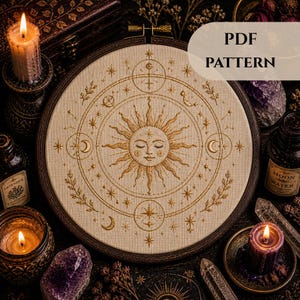 May include: A circular embroidery featuring a sun, moon, and star design in gold thread, with the text "PDF PATTERN". The image is surrounded by candles, crystals, and bottles, creating a mystical aesthetic.