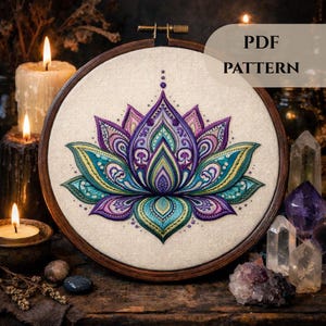 May include: A circular wooden embroidery hoop containing a fabric panel with a detailed lotus flower design in shades of purple, teal, and green. The text PDF PATTERN is visible in the upper right corner of the image against a dark background.