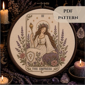 Patrón de bordado del Tarot de la Emperatriz / Arte floral de estilo brujo en bastidor (Descarga en PDF)
